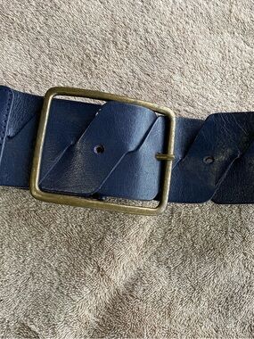 Vintage Accessorize Y2K Navy Blue Genuine Leather Belt - Gold Brass Buckle